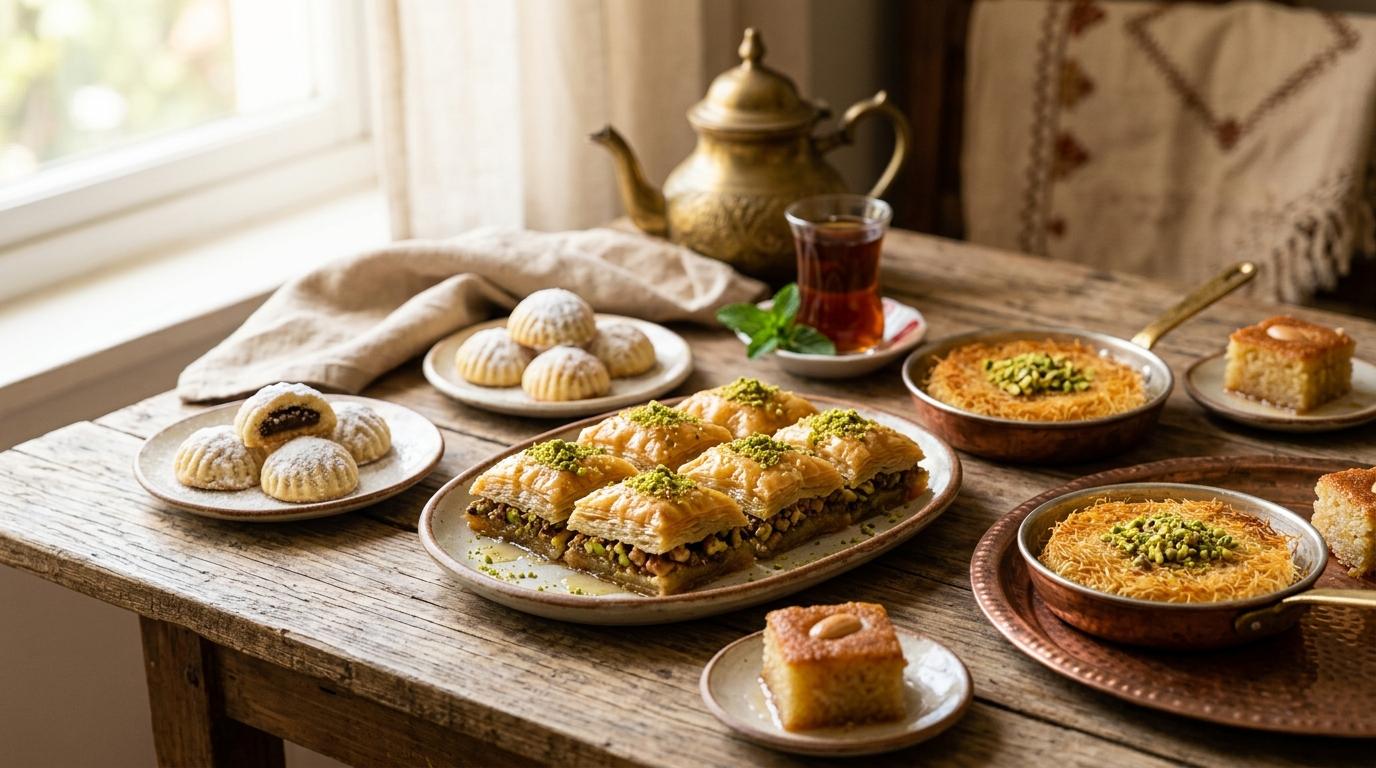 Golden baklava layers with chopped pistachios and honey syrup drizzling down