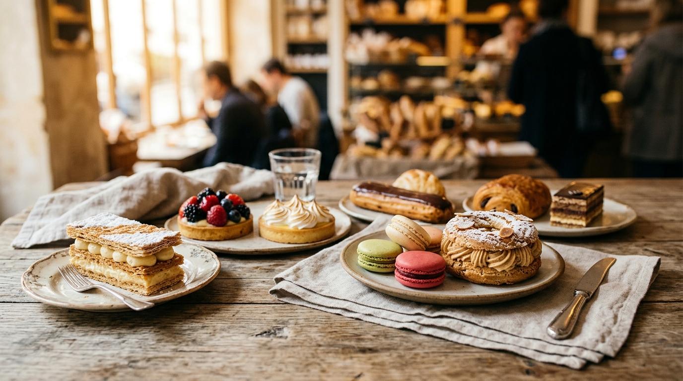 Elegant French desserts arranged on marble surface with golden pastries and fresh berries