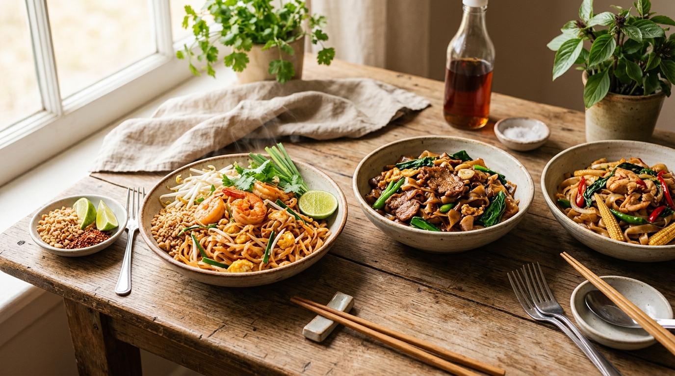 Colorful Thai noodle dishes including Pad Thai and Pad See Ew arranged on banana leaves
