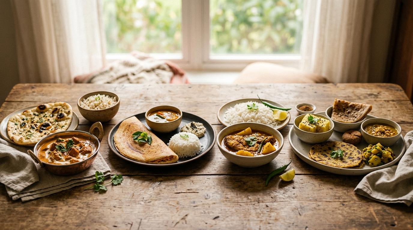 Colorful array of regional Indian dishes showcasing North, South, East and West cuisine varieties