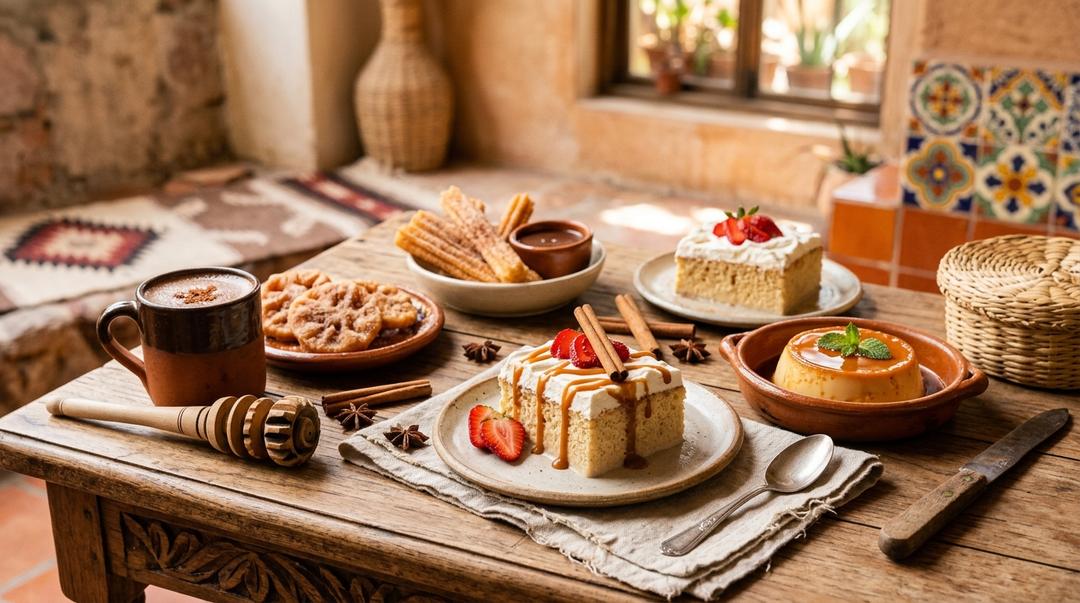 Traditional Mexican desserts arranged on colorful plates with fresh fruit garnishes