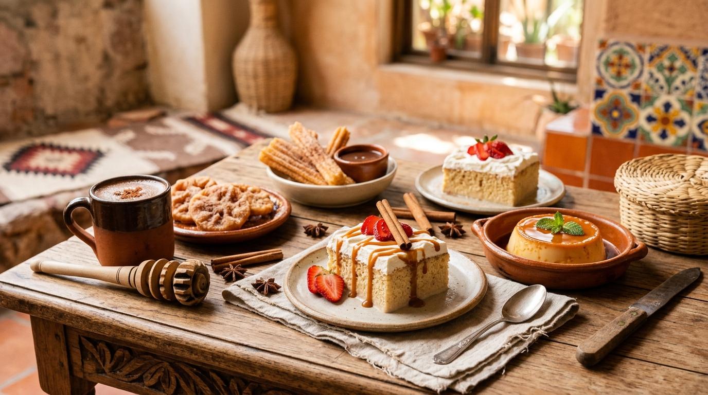 Traditional Mexican desserts arranged on colorful plates with fresh fruit garnishes