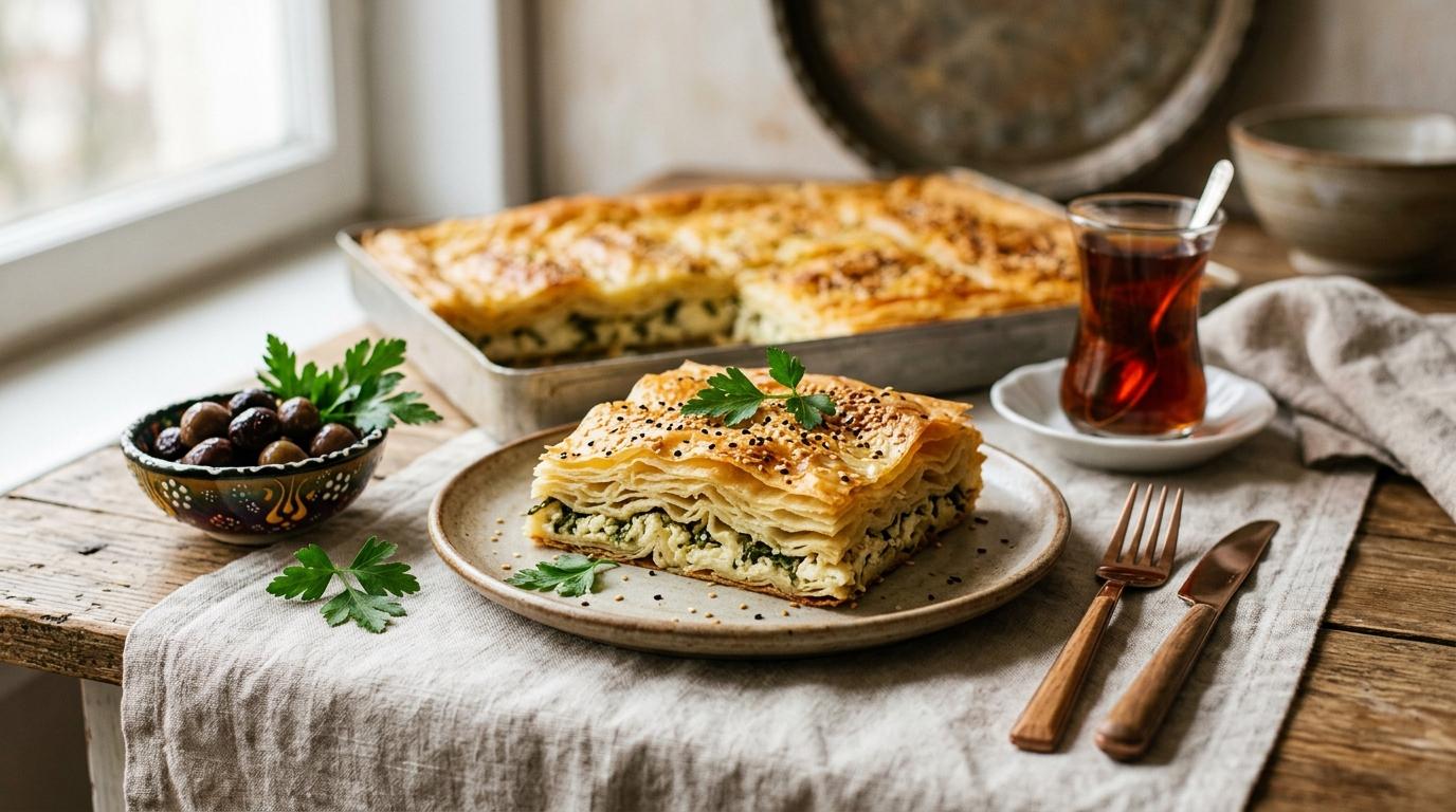 Golden flaky Turkish börek cut into squares showing layers of pastry and filling