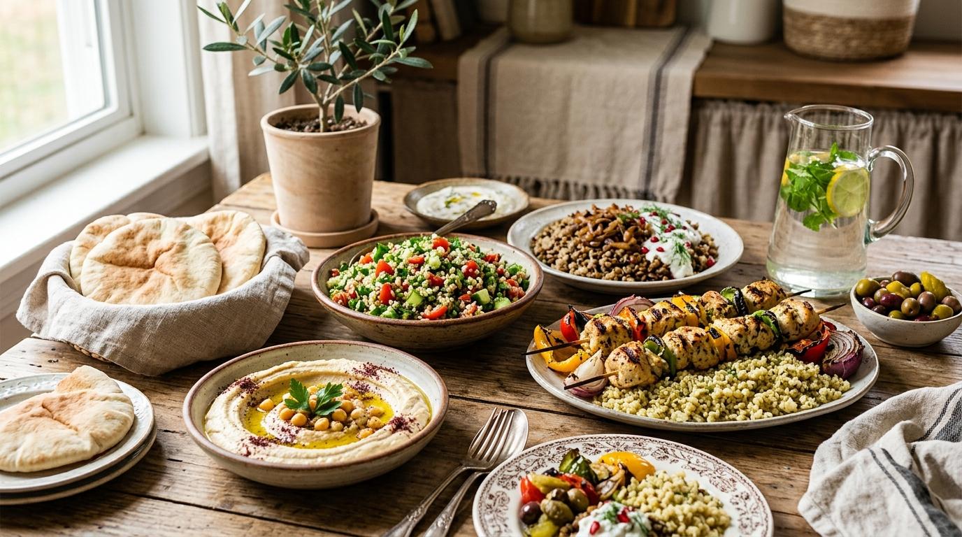 Colorful spread of healthy Middle Eastern dishes including hummus, tabbouleh, and grilled vegetables
