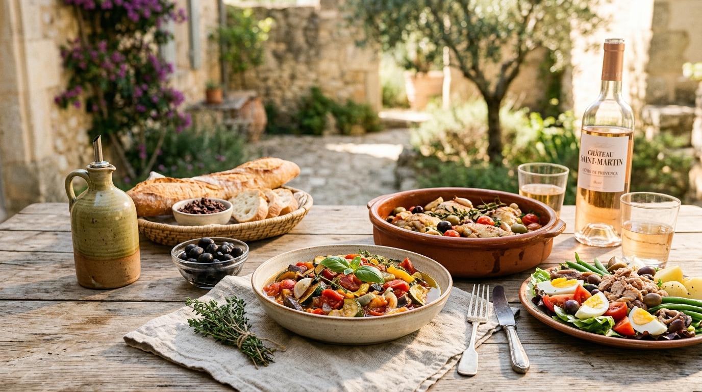Colorful Provençal vegetables and herbs arranged on rustic wooden table