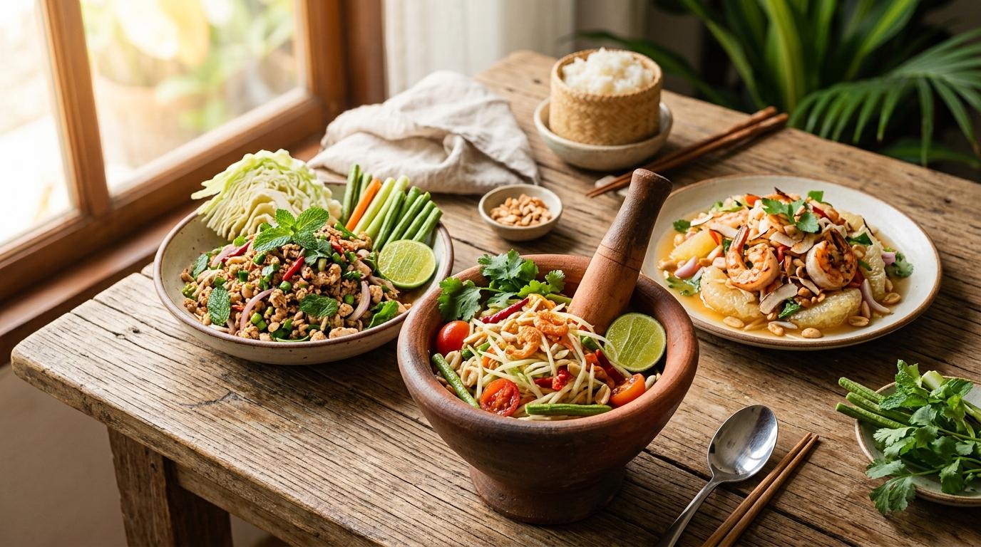 Colorful Thai som tam salad with green papaya, tomatoes, and herbs