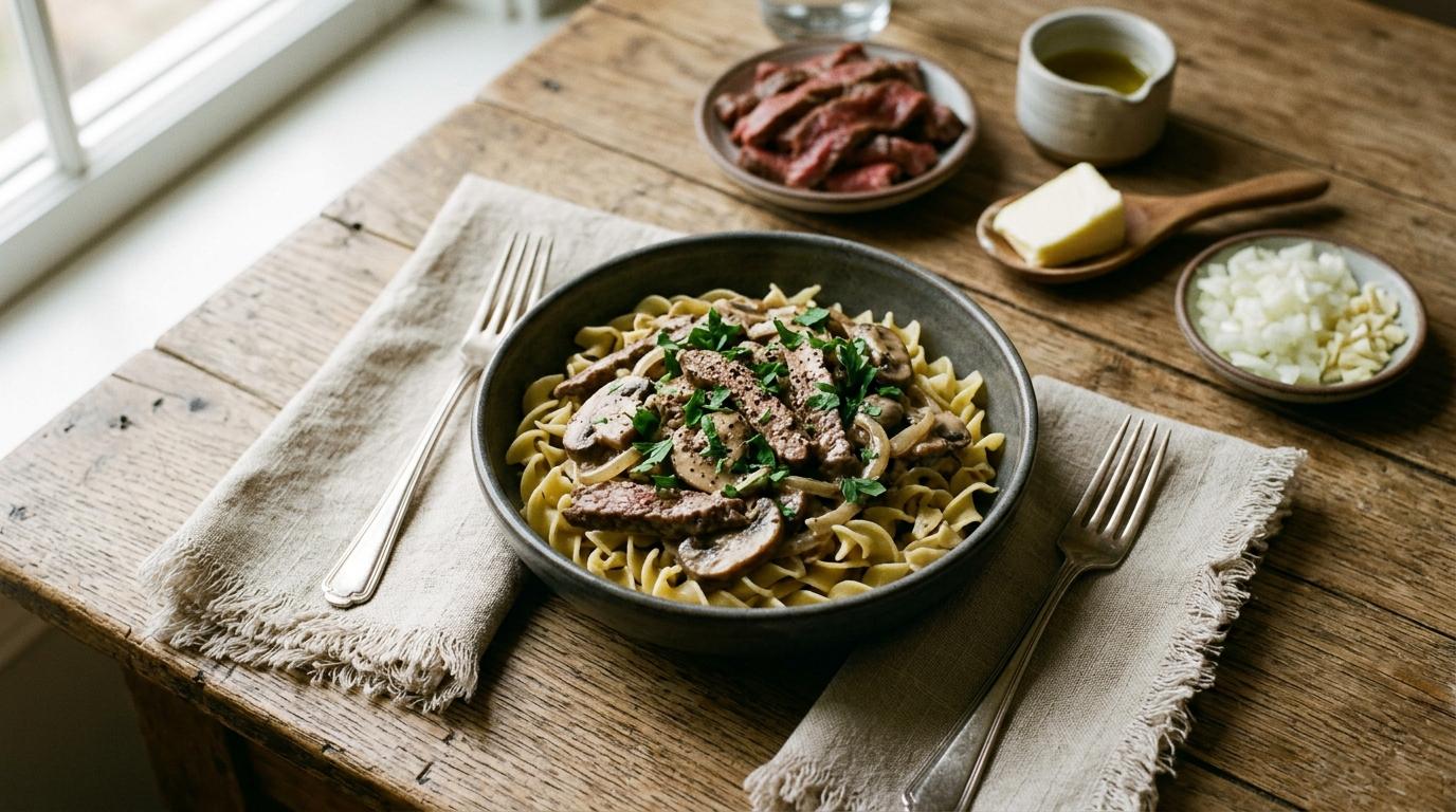 Classic beef stroganoff with tender beef strips in creamy mushroom sauce served over egg noodles