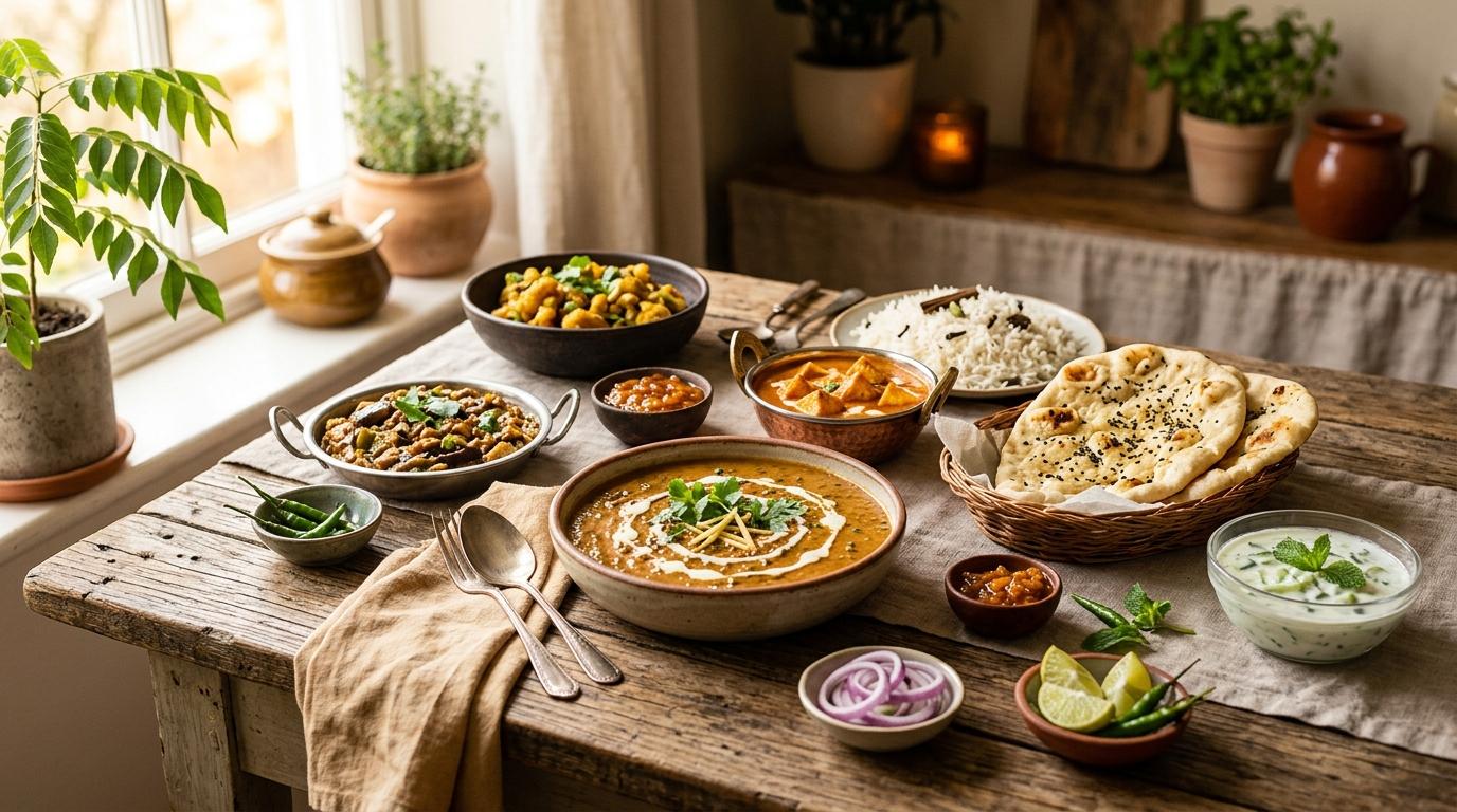 Colorful spread of vegetarian Indian dishes including dal, curry, and rice