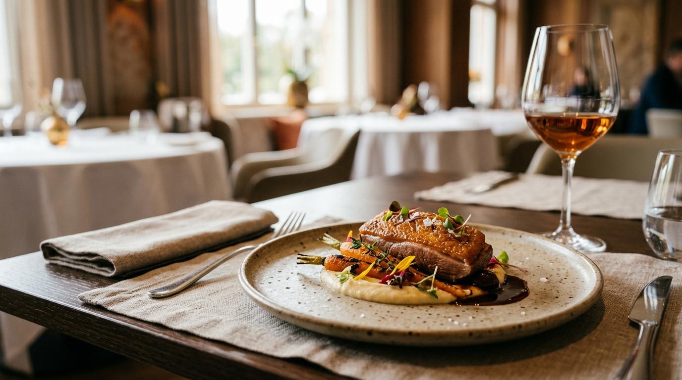 Elegant table setting at a Michelin star restaurant with fine china and crystal glasses