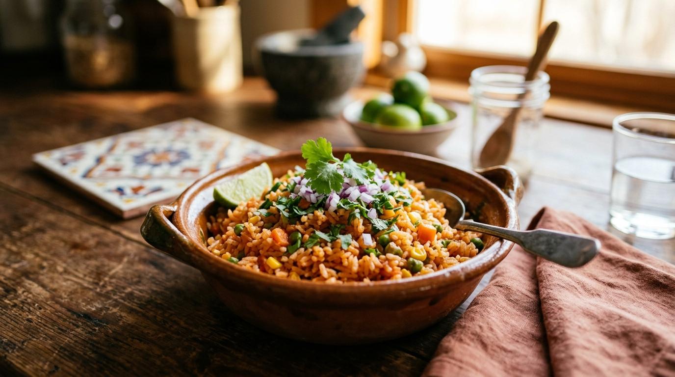 Colorful Mexican rice with tomatoes and cilantro in traditional clay bowl