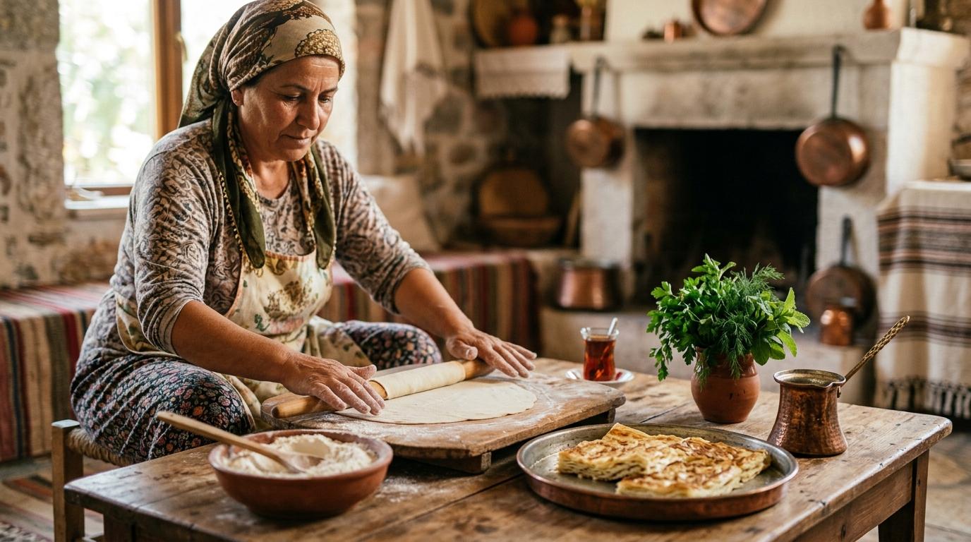 Traditional Turkish clay pots and cooking vessels arranged on rustic wooden surface