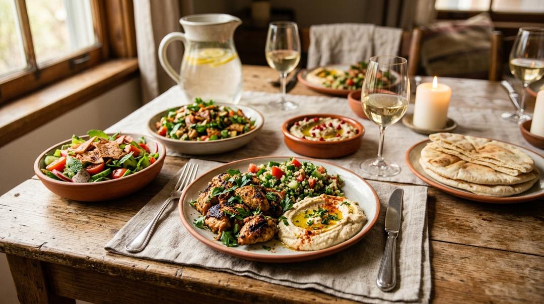 Colorful Middle Eastern weeknight dinner spread with multiple quick dishes