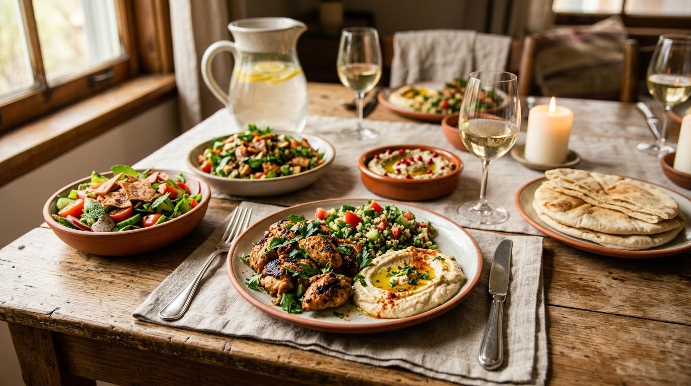 Colorful Middle Eastern weeknight dinner spread with multiple quick dishes