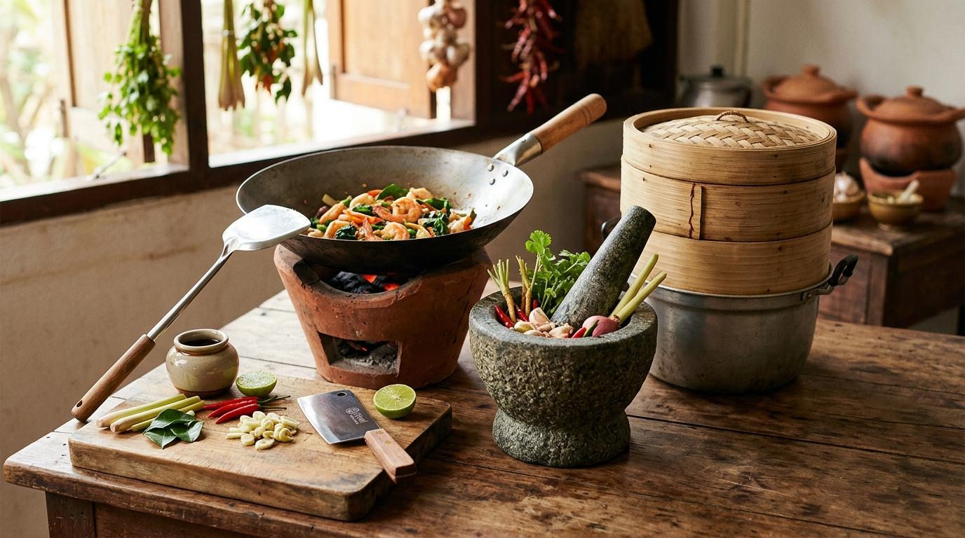 Essential Thai cooking equipment arranged on wooden counter