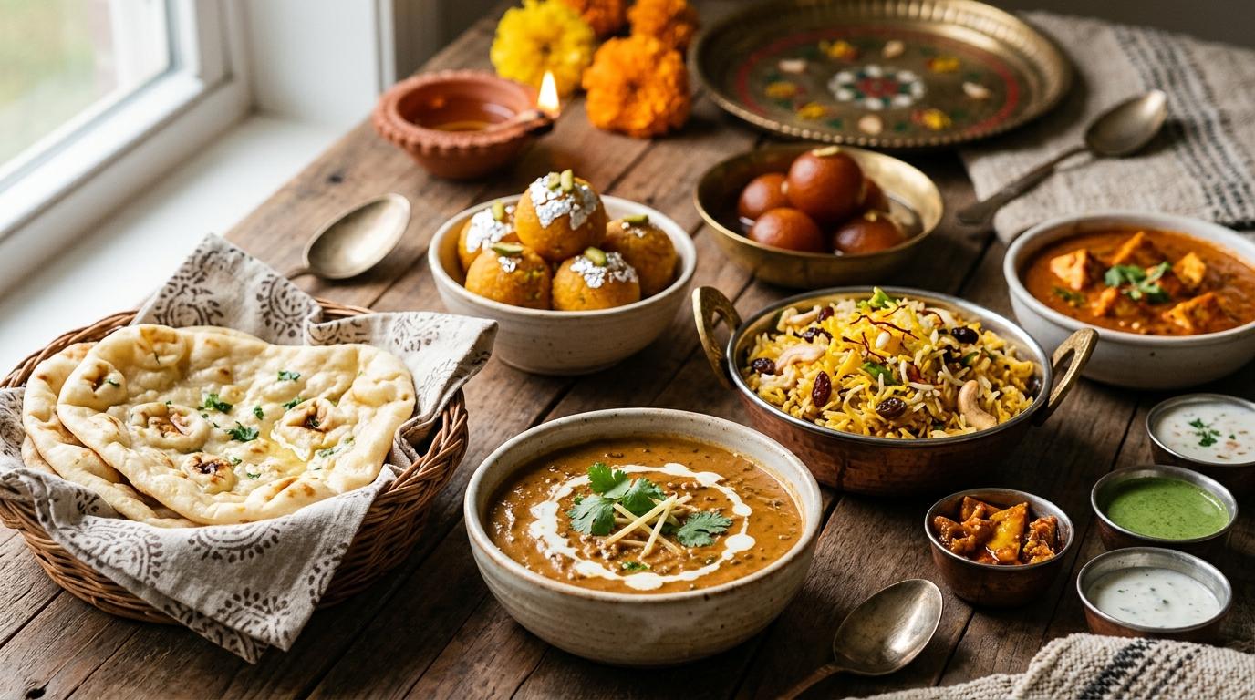 Colorful array of traditional Indian festival sweets and snacks arranged on decorative plates