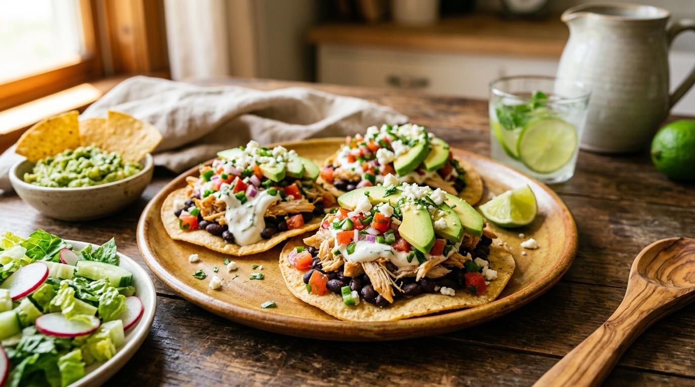 Colorful healthy Mexican dishes arranged on a wooden table with fresh vegetables