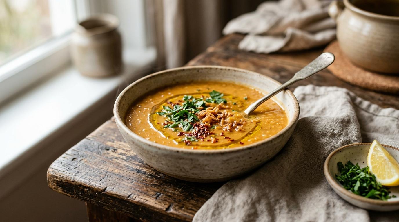 Steaming bowl of Persian ash-e reshteh with herbs and beans