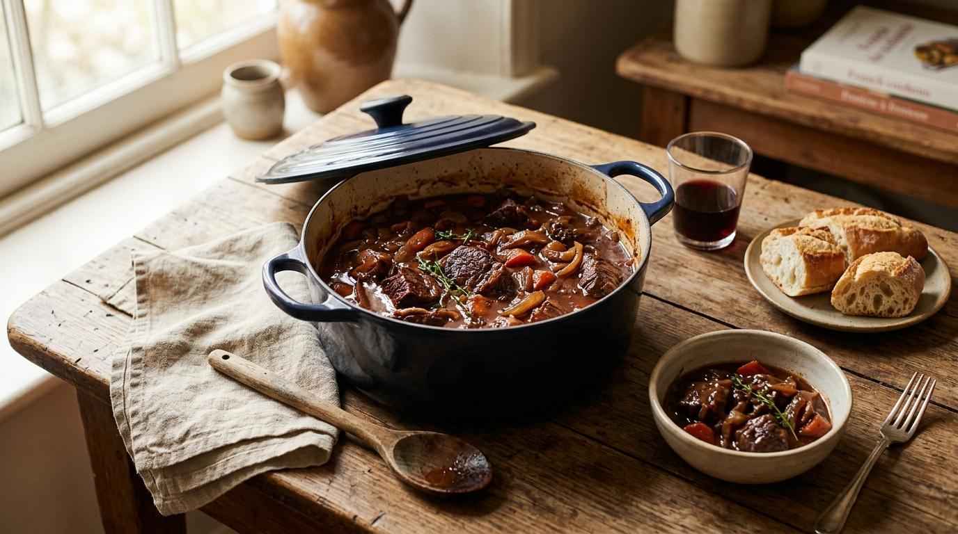 Fork-tender braised beef in rich burgundy wine sauce with carrots and pearl onions