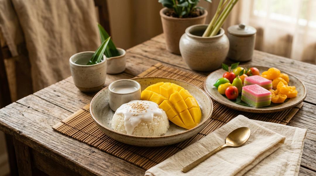 Colorful array of traditional Thai desserts including mango sticky rice and coconut treats