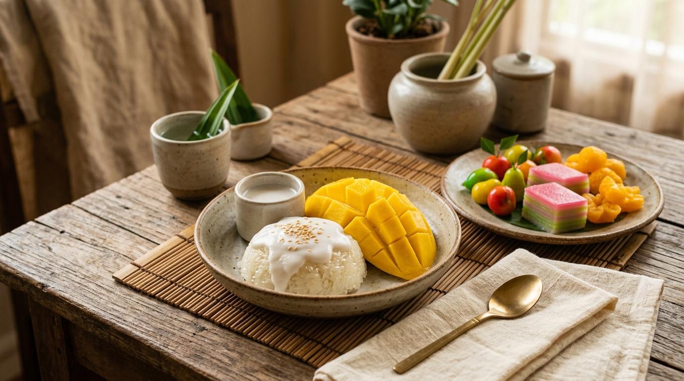 Colorful array of traditional Thai desserts including mango sticky rice and coconut treats