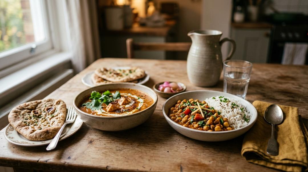Colorful array of quick Indian dinner dishes ready in 30 minutes