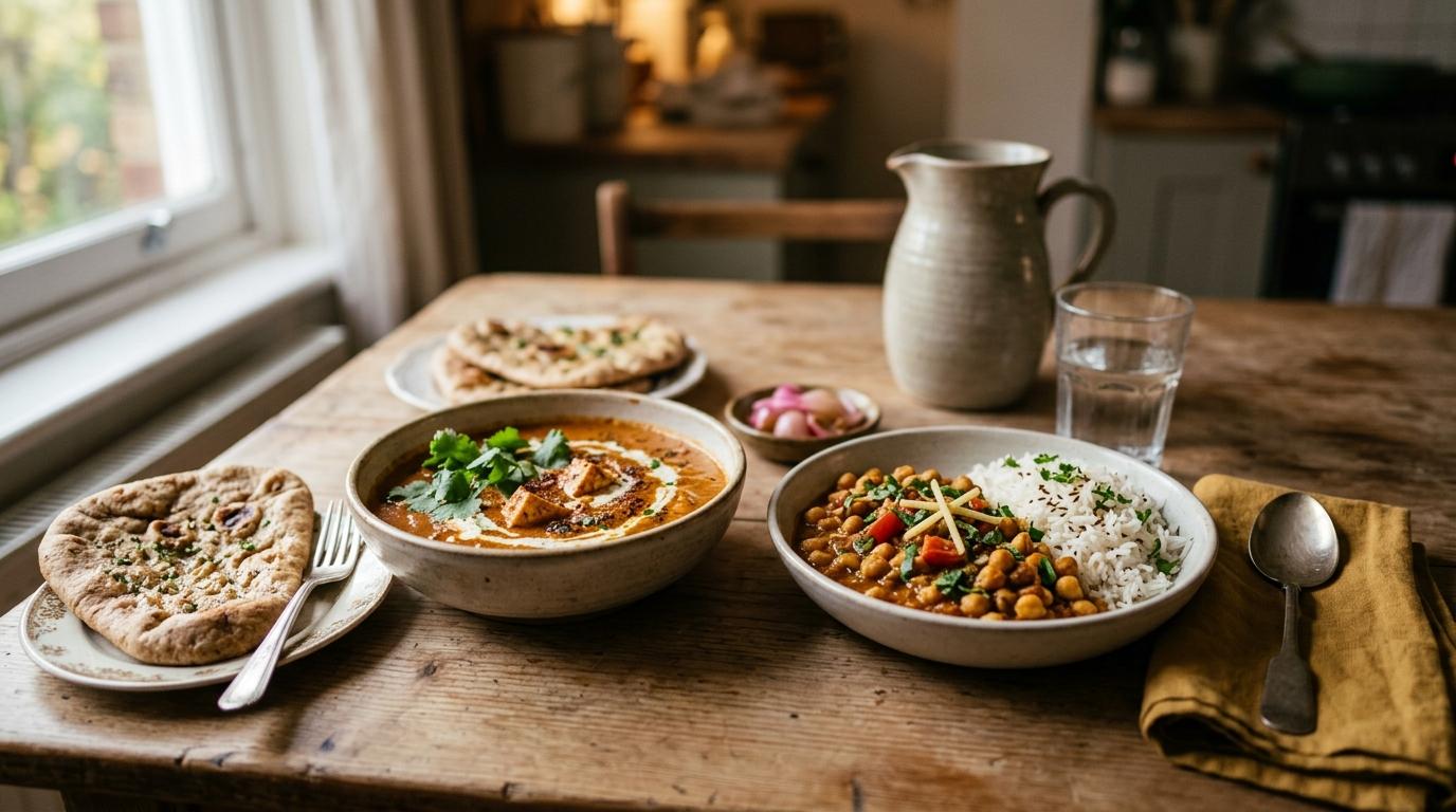 Colorful array of quick Indian dinner dishes ready in 30 minutes