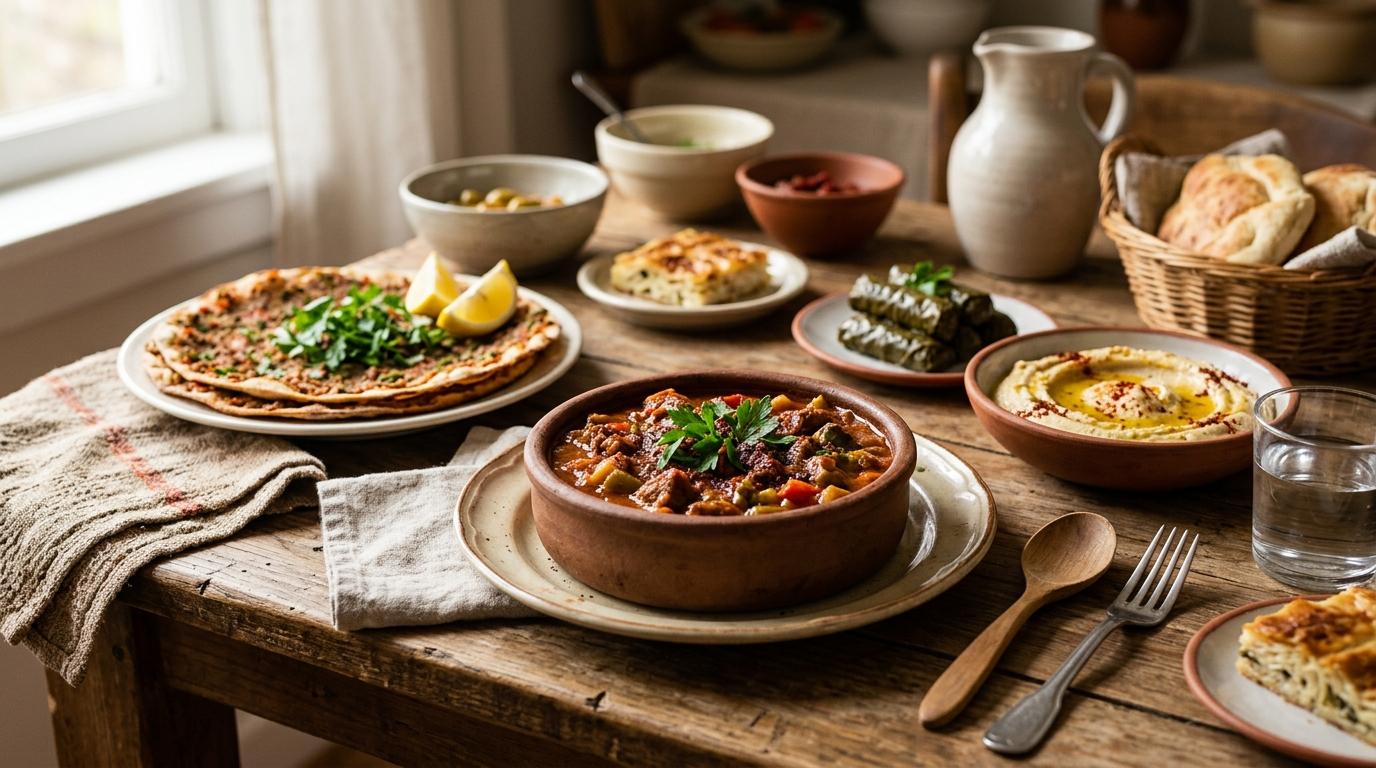 Traditional Turkish regional dishes from different provinces displayed on authentic ceramic plates