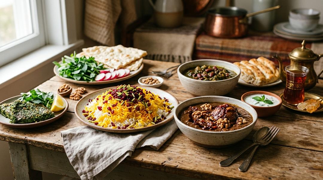 Colorful Persian rice with saffron, herbs, and crispy tahdig bottom