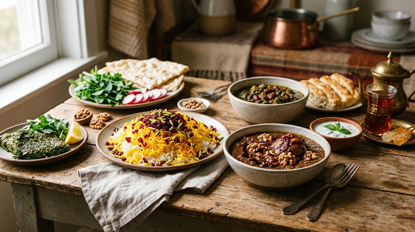 Colorful Persian rice with saffron, herbs, and crispy tahdig bottom