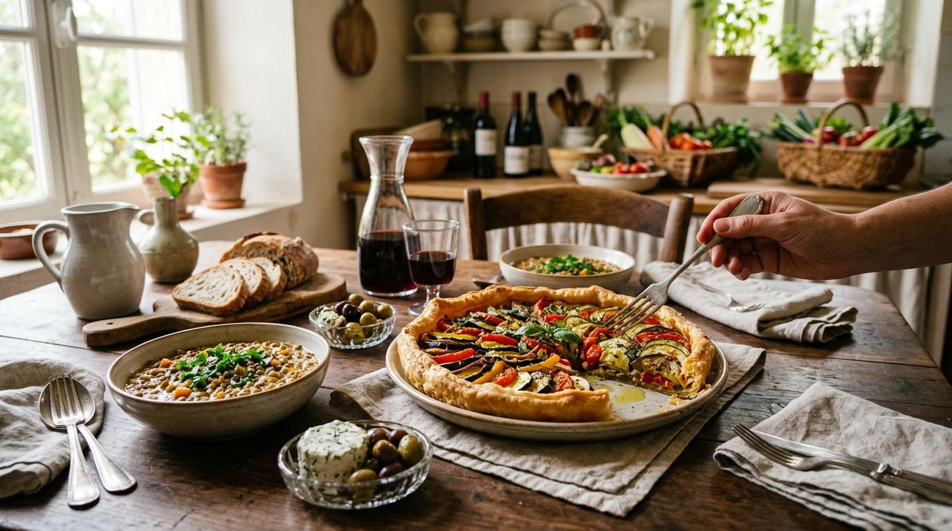 Colorful ratatouille bubbling in a cast iron pan with fresh herbs
