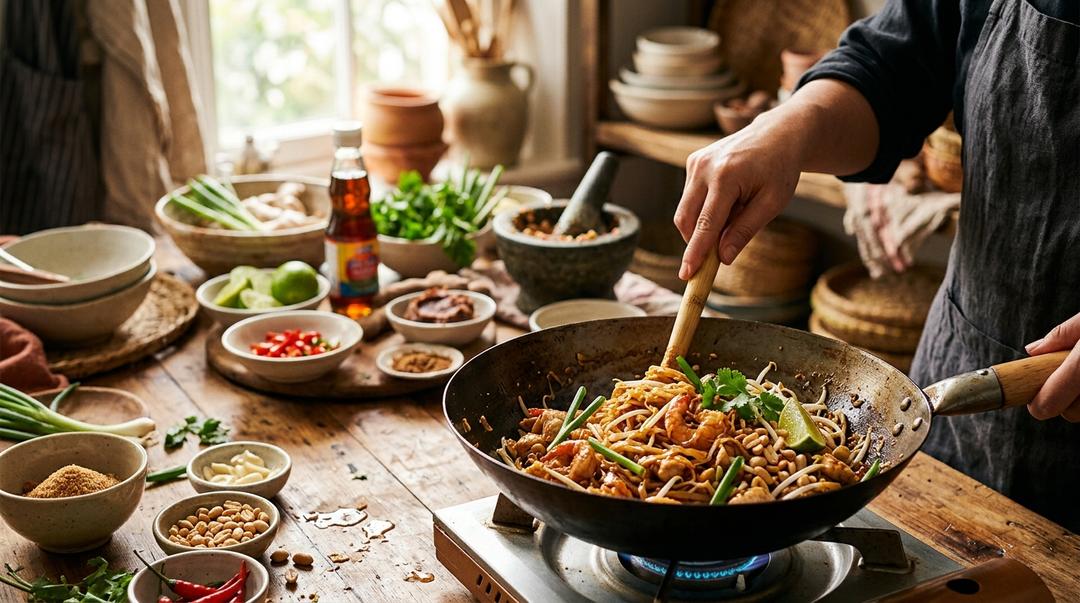 Thai cooking ingredients and spices arranged on cutting board