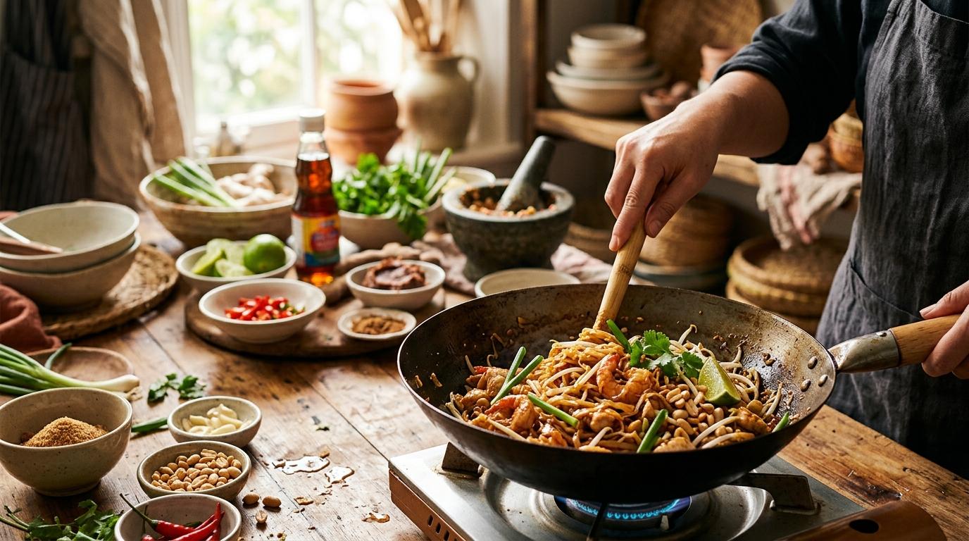 Thai cooking ingredients and spices arranged on cutting board