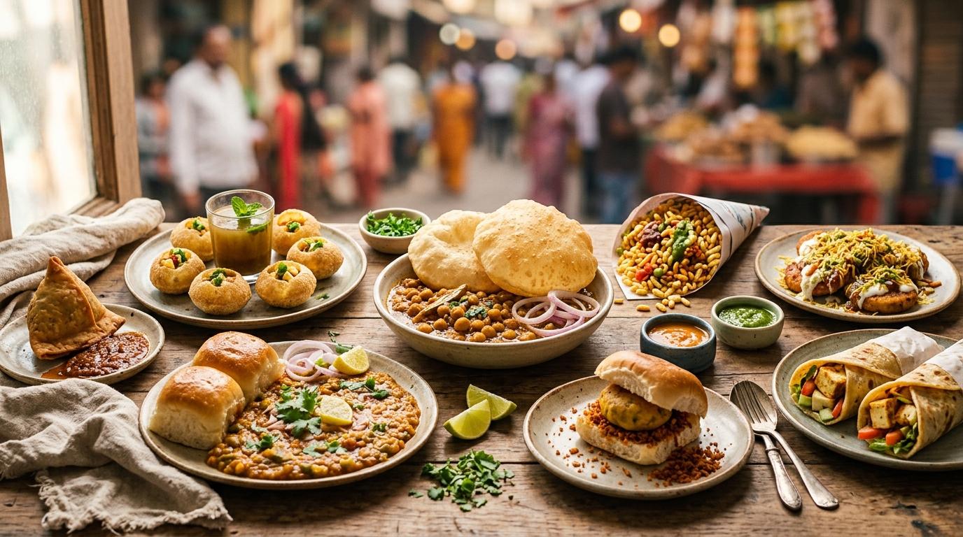 Colorful array of Indian street food dishes including pani puri, vada pav, and chaat on banana leaves
