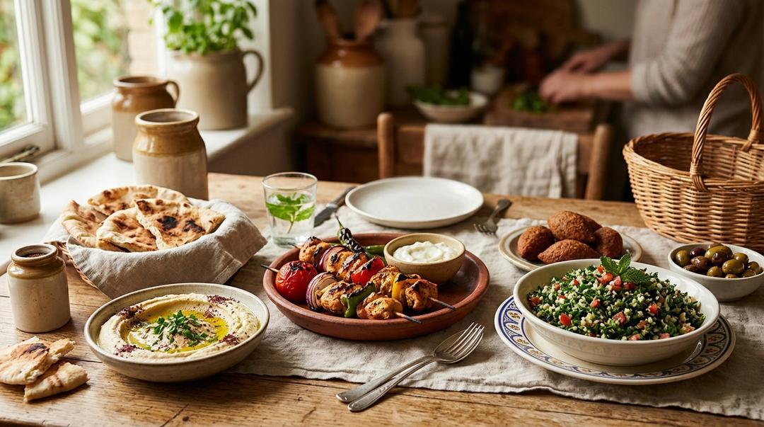 Traditional Lebanese mezze spread with hummus, tabbouleh, and pita bread on wooden table