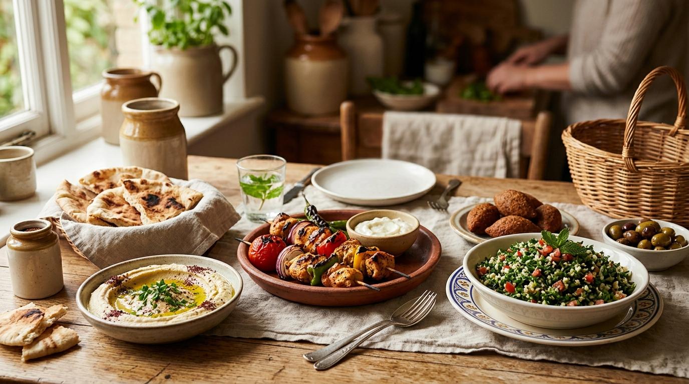 Traditional Lebanese mezze spread with hummus, tabbouleh, and pita bread on wooden table