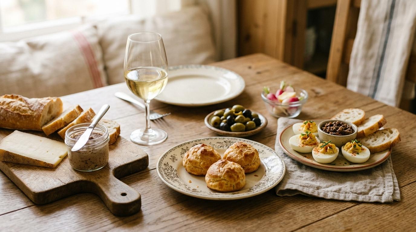 Elegant French appetizer platter with pâté, cheese, and garnishes