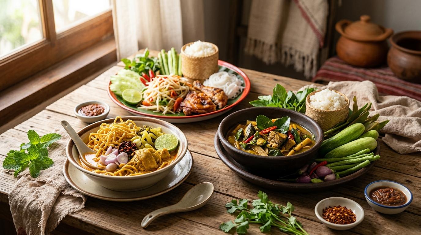 Colorful array of regional Thai dishes showing Northern, Southern, and Isaan specialties
