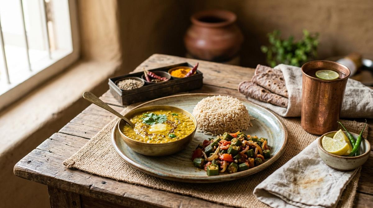 Colorful array of fresh Indian spices and vegetables arranged on traditional cooking surface