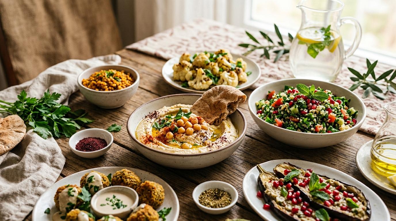 Colorful Middle Eastern vegetarian mezze spread with hummus, tabbouleh, and stuffed vegetables
