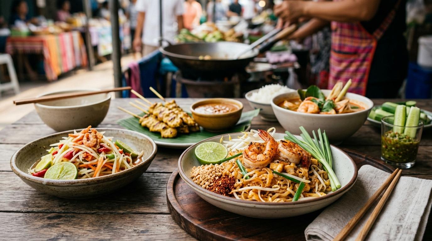 Colorful Thai street food spread with som tam, satay, and sticky rice