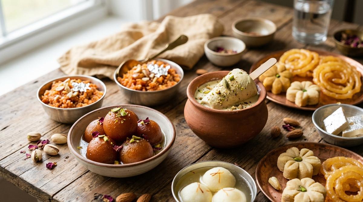 Assorted traditional Indian desserts including gulab jamun and kheer served on ornate plates