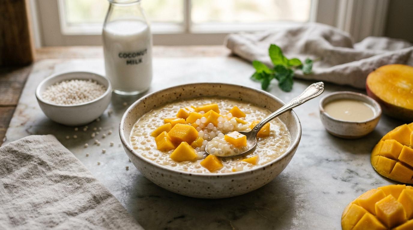 Creamy mango sago dessert in a glass bowl with coconut milk, tapioca pearls, and fresh mango chunks on top