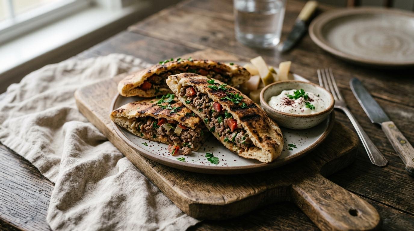 Crispy arayes Lebanese meat stuffed pita halves on a plate with yogurt dipping sauce and fresh parsley garnish
