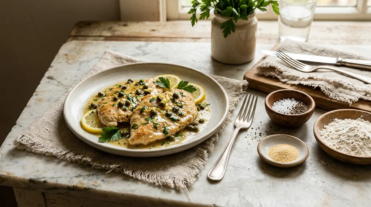 Easy chicken piccata with golden cutlets in a creamy lemon butter caper sauce garnished with fresh parsley