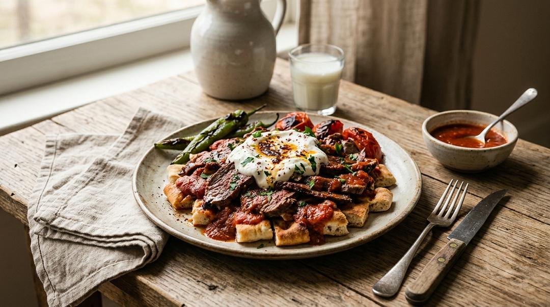Home style Iskender Kebap with lamb slices over pita bread in tomato sauce topped with yoghurt and charred vegetables