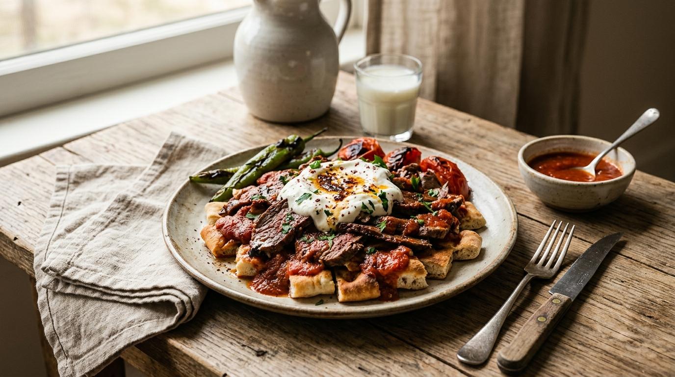Home style Iskender Kebap with lamb slices over pita bread in tomato sauce topped with yoghurt and charred vegetables