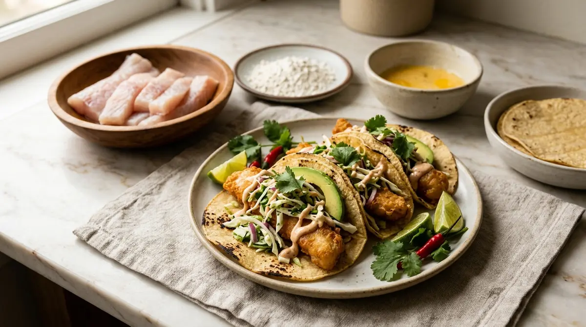Crispy panko-fried mahi mahi fish tacos with chipotle mayo and mango salsa on corn tortillas