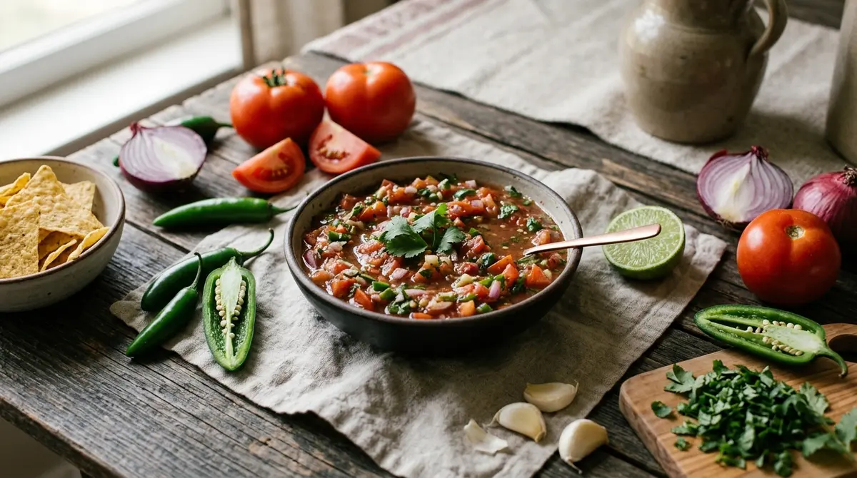 Best homemade salsa recipe in a bowl with tortilla chips and fresh lime wedges on a rustic wooden table