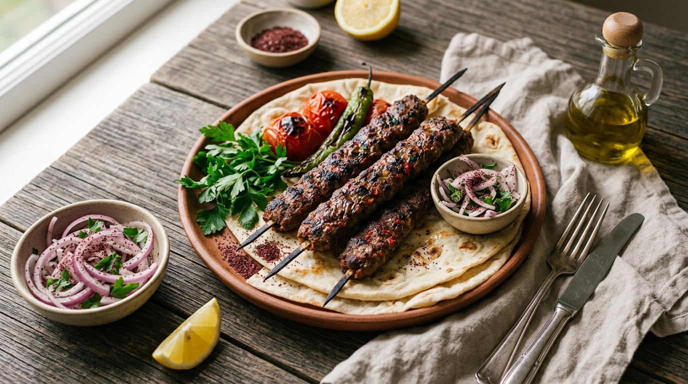 Grilled Adana kebab skewers with sumac onions and flatbread, Turkish cuisine