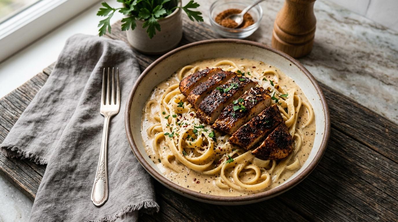 Creamy Cajun chicken Alfredo pasta topped with sliced spiced chicken